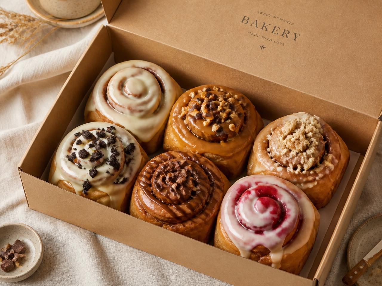 Caja de seis cinnamon rolls surtidos lista para entregar